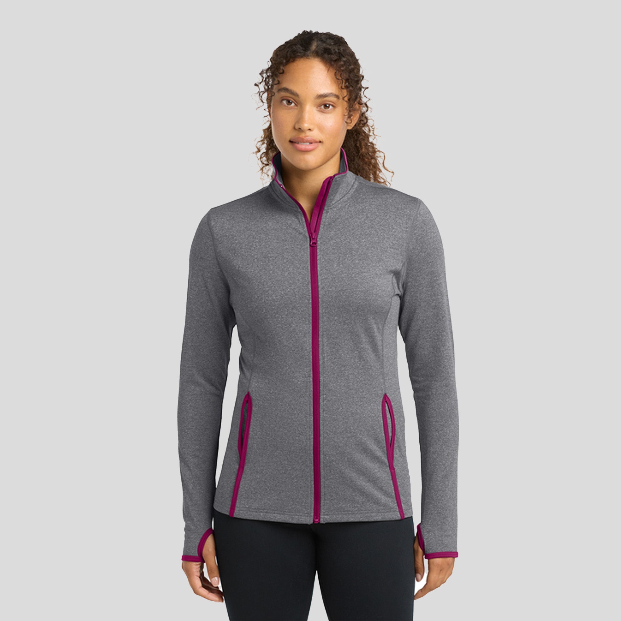 Women's Sport-Wickยฎ Stretch Contrast Full-Zip Jacket | Charcoal Grey Heather/Pink Rush